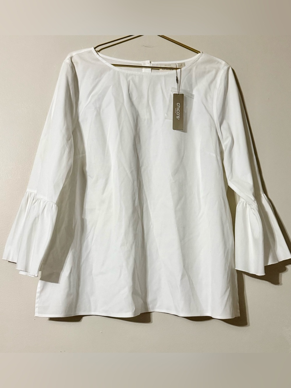 Chicos White No-iron Top Blouse 3/4 Bell Sleeve Sz 3 XL 16 NWT